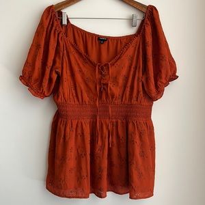 Torrid Burnt Orange Eyelet Smocked Waist and Sleeve Sweetheart Top